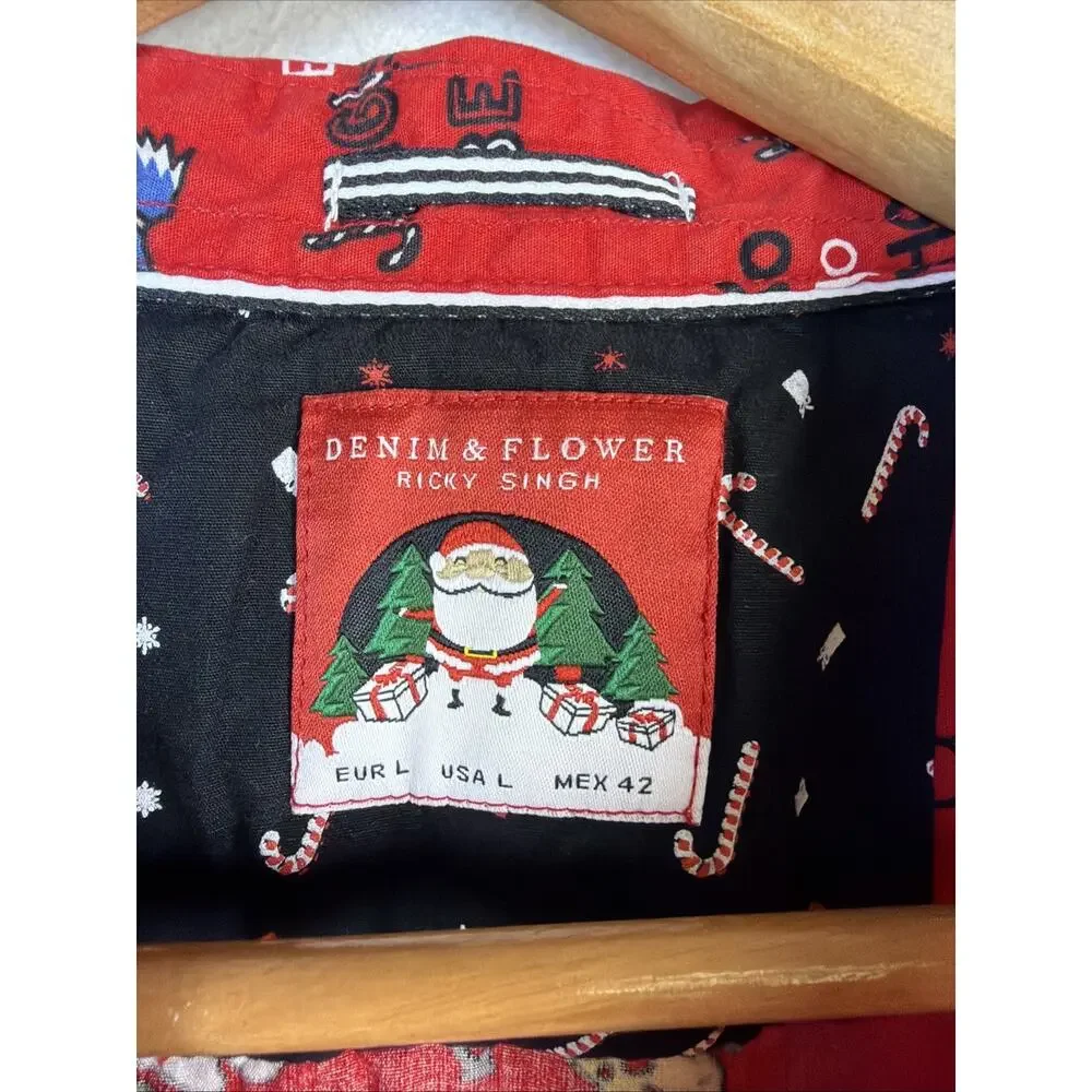 Denim & Flower boys Christmas Shirt large Red Holiday Print Button Up Cotton